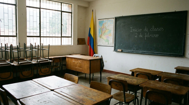 foto horizontal de un salón de clases vacío con un tablero donde se vea escrito 