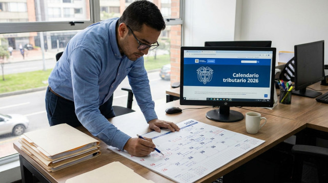 gestor o contador revisando un calendario impreso y una pantalla con el logo de la DIAN y la frase 