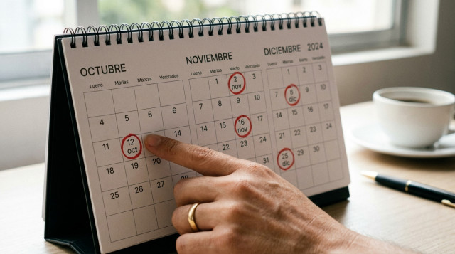 plano detalle de un calendario de mesa con círculos rojos en 12 oct, 2 nov, 16 nov, 8 dic y 25 dic, mano señalando 12 de octubre; luz natural, enfoque nítido, ALT: festivos en Colo
