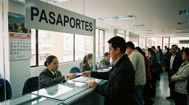 persona en oficina de pasaportes entregando documentos al funcionario, cartel visible con la palabra 