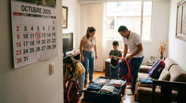 calendario de pared marcado en rojo el 12 de octubre de 2026 con una familia preparando maletas en primer plano, luz natural y estilo fotoperiodístico