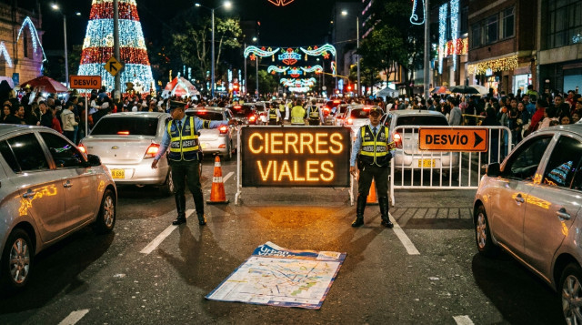 volante urbano con señalización de desvío y agentes de tránsito coordinando, escena nocturna de fin de año con iluminación y letrero que diga cierres viales
