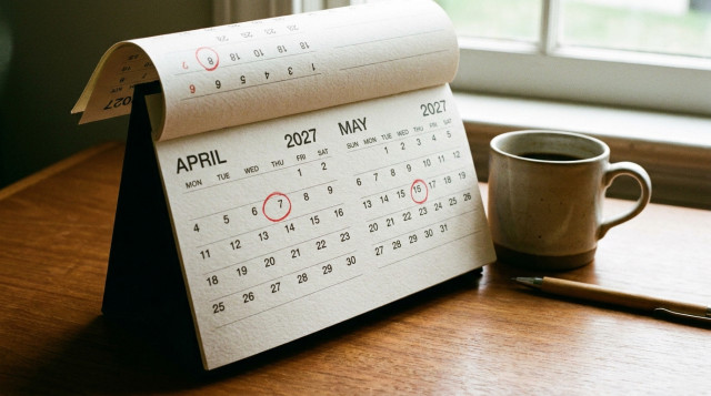calendario impreso abierto en la página de abril-mayo 2027, con marcadores sobre 7 de abril, 8 de marzo y 15 de mayo; sobre la mesa una taza de café y un bolígrafo — enfoque medio,