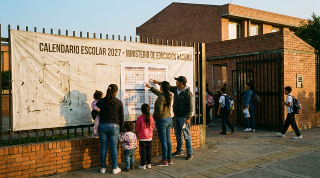 fotografía horizontal de un colegio con un cartel que muestre