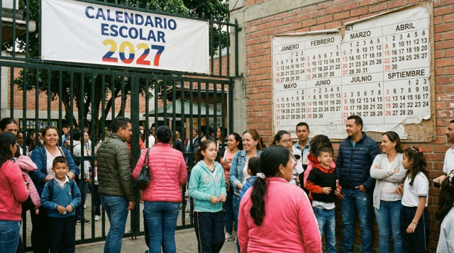 padres y estudiantes en la puerta de un colegio con un cartel que anuncia