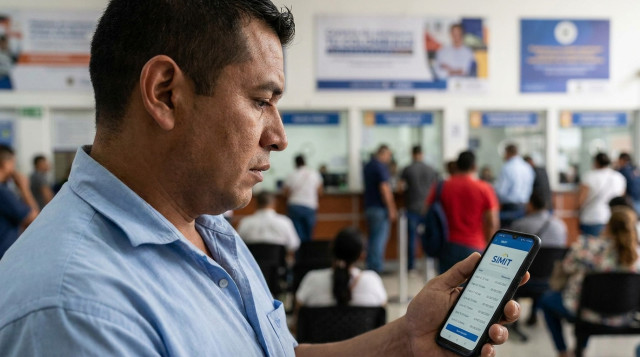 conductor revisando un comparendo en su celular con la pantalla mostrando la palabra