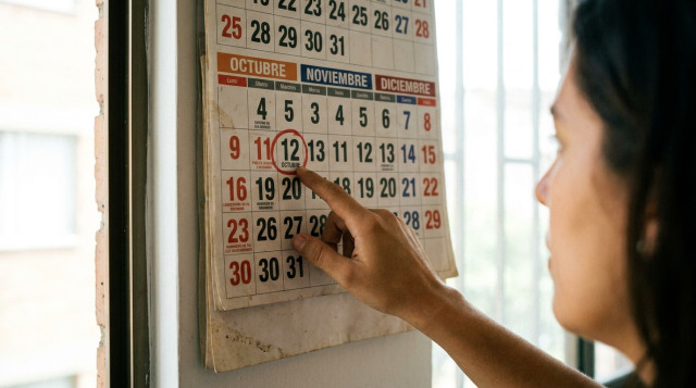 persona consultando un calendario de pared marcado con los festivos de octubre a diciembre, primer plano de la fecha 12 de octubre destacada, luz natural, tono informativo