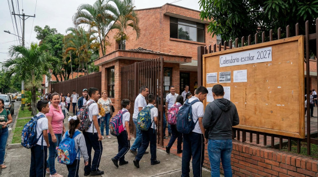 padres y estudiantes entrando a un colegio el primer día de clases, tablero de anuncios con la frase