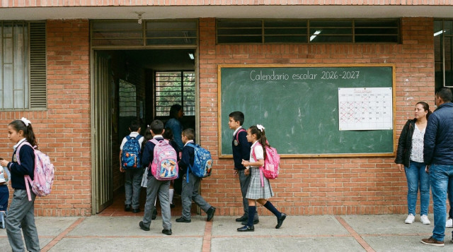 vista frontal de un colegio público con estudiantes entrando en la mañana y un pizarrón con la frase 