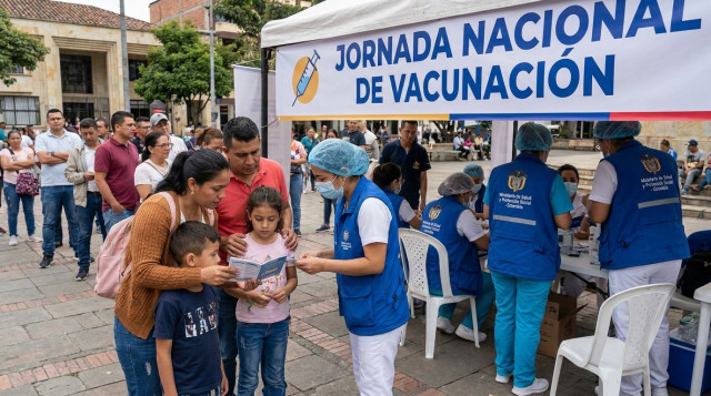 brigada de vacunación en un puesto temporal con letrero 