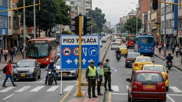 fotografía horizontal de un carril urbano con señalización de pico y placa y agentes de tránsito en plena calle durante un día festivo, presencia de vehículos y semáforos, leyenda