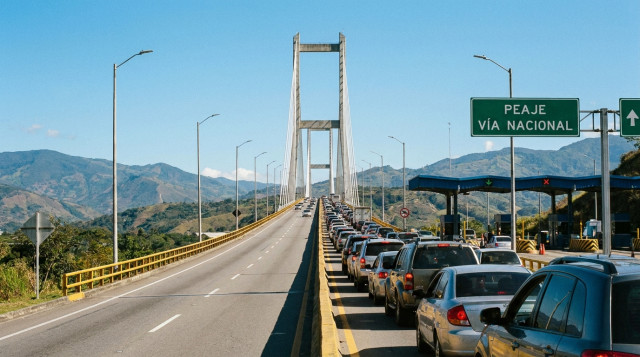 Fotografía horizontal de una carretera nacional con tráfico en un puente largo, con peajes y señalización, vehículos en fila y cielo despejado; incluir en ALT la frase 