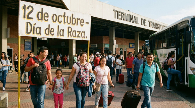 familias y viajeros saliendo de una terminal de transporte local en un día soleado, cartel visible que diga