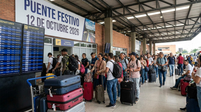 fotografía horizontal de una terminal de buses y un aeropuerto con viajeros y carteles que indiquen