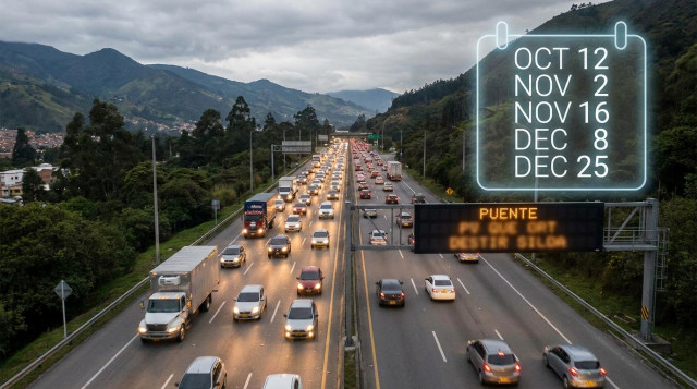 vista aérea de una autopista con tráfico en hora pico durante un puente, con letrero que diga 