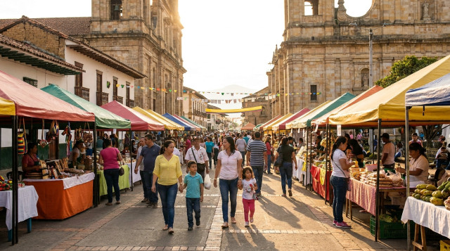 fotografía horizontal de una plaza municipal durante una feria regional, con puestos y personas circulando aprovechando el puente, texto ALT: 