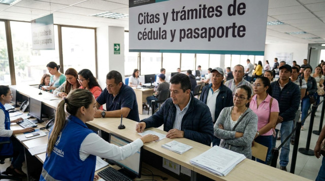 Oficina de la Registraduría atendiendo ciudadanos en fila, cartel visible con texto 