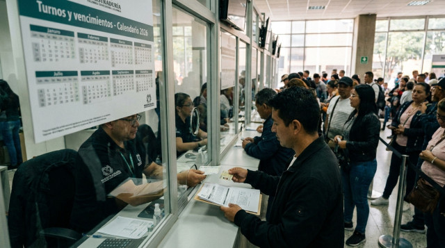 persona entregando documentos en ventanilla de la Registraduría, mostrando la cédula, con cartel visible que diga